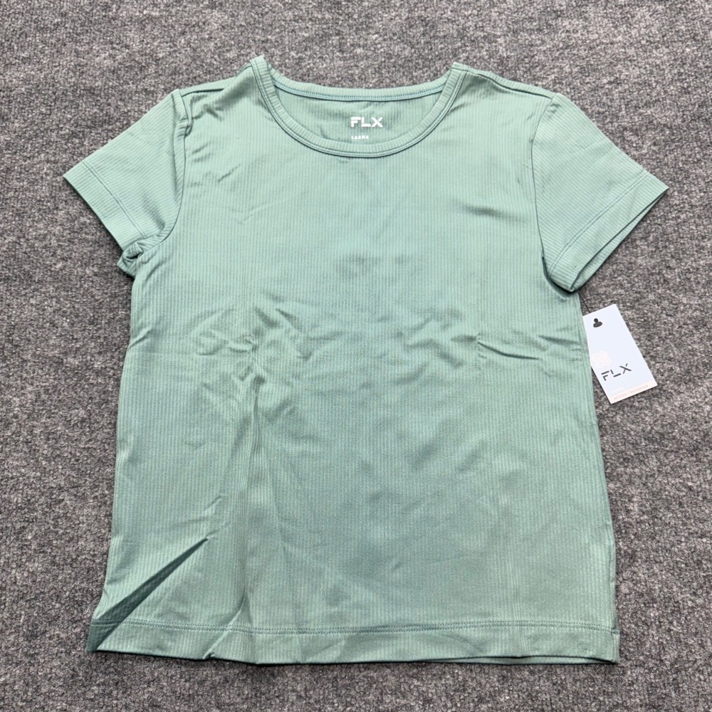 FLX Active Outdoor Ribbed T-Shirt Womens Large Moonandsea Green Crew Neck NWT